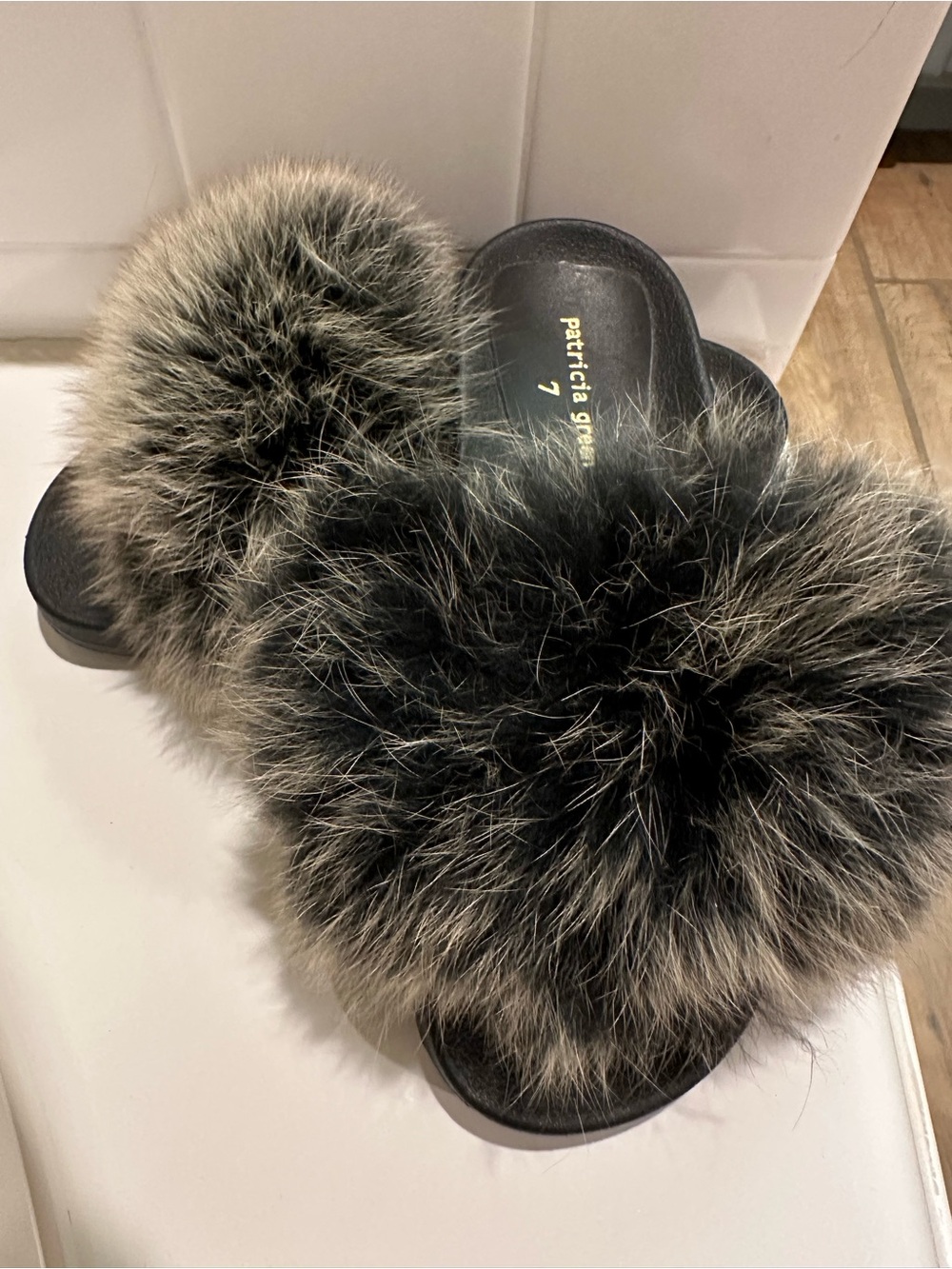 Patricia Green Black and Gray Faux Fur Slide Slippers